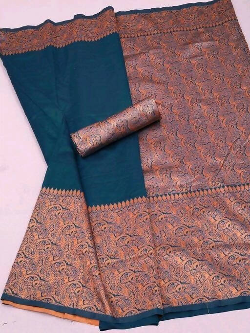 DEIANA'S Beautiful Designer Golden zari Soft Lichi Silk Saree - Teal | Grocsy