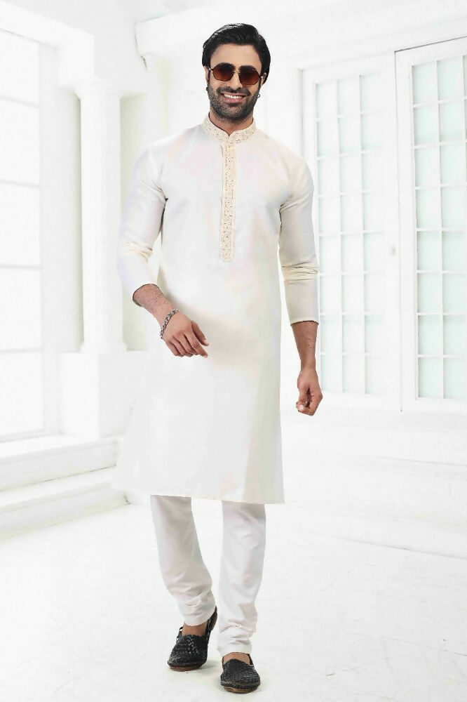 Raivat Ethnic Linen Cotton Thread Work Kurta Pajama In Cream Colour | Grocsy