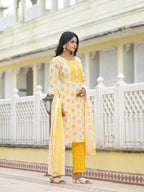 Juniper Women's Yellow Floral Printed Cotton Kurta Pant With Dupatta Set With Sequins & Thread Work | Grocsy