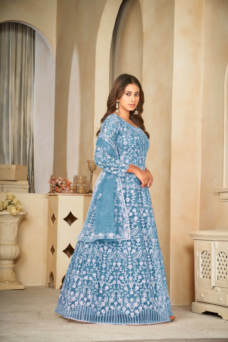 Jyoti Fashion Women's Sky Blue Net Embroidered Anarkali Kurta Pant Set With Dupatta | Grocsy