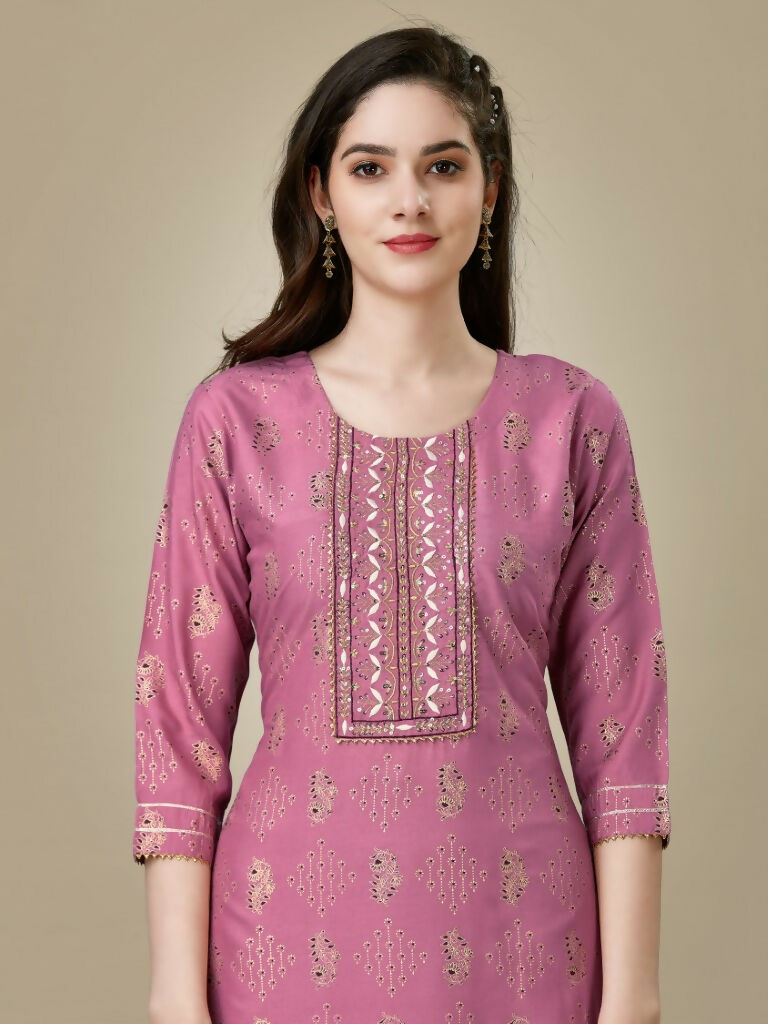 Jyoti Fashion Women's Purple Rayon Embroidered Kurta Pant Set | Grocsy