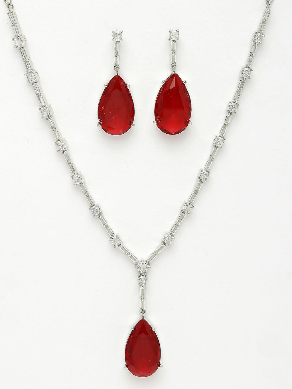NVR Women's Silver-Plated Red Artificial Stones Studded Handcrafted Jewellery Set | Grocsy