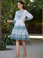 Juniper Women Off-White Georgette Printed Short Tiered Dress with Embroidered Yoke | Grocsy