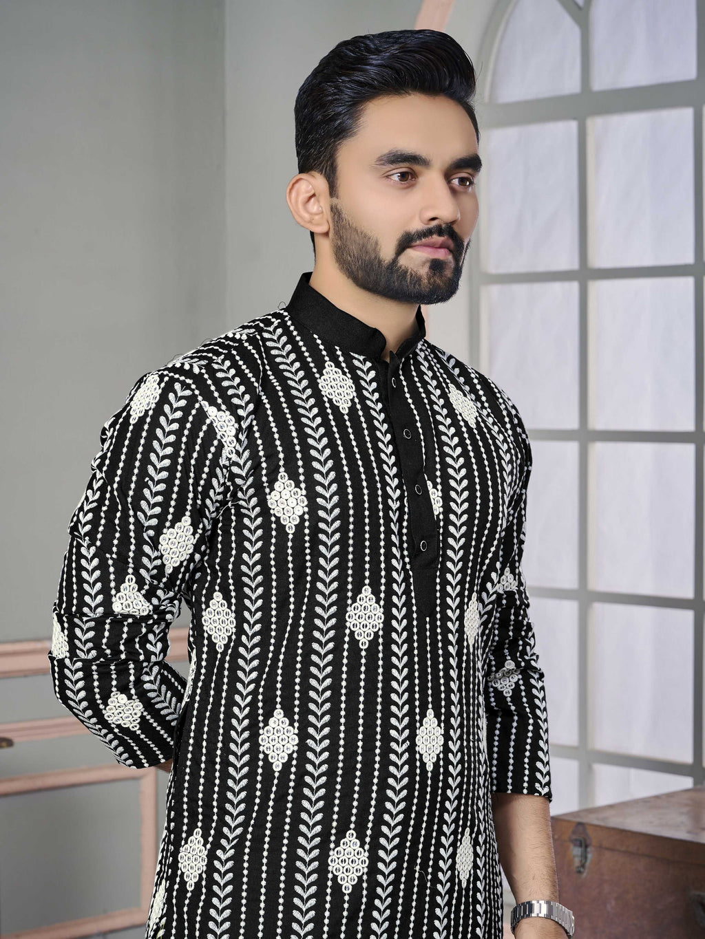 Black Men Kurta Set Embroidered with Sequins Work by Infinity Export | Grocsy