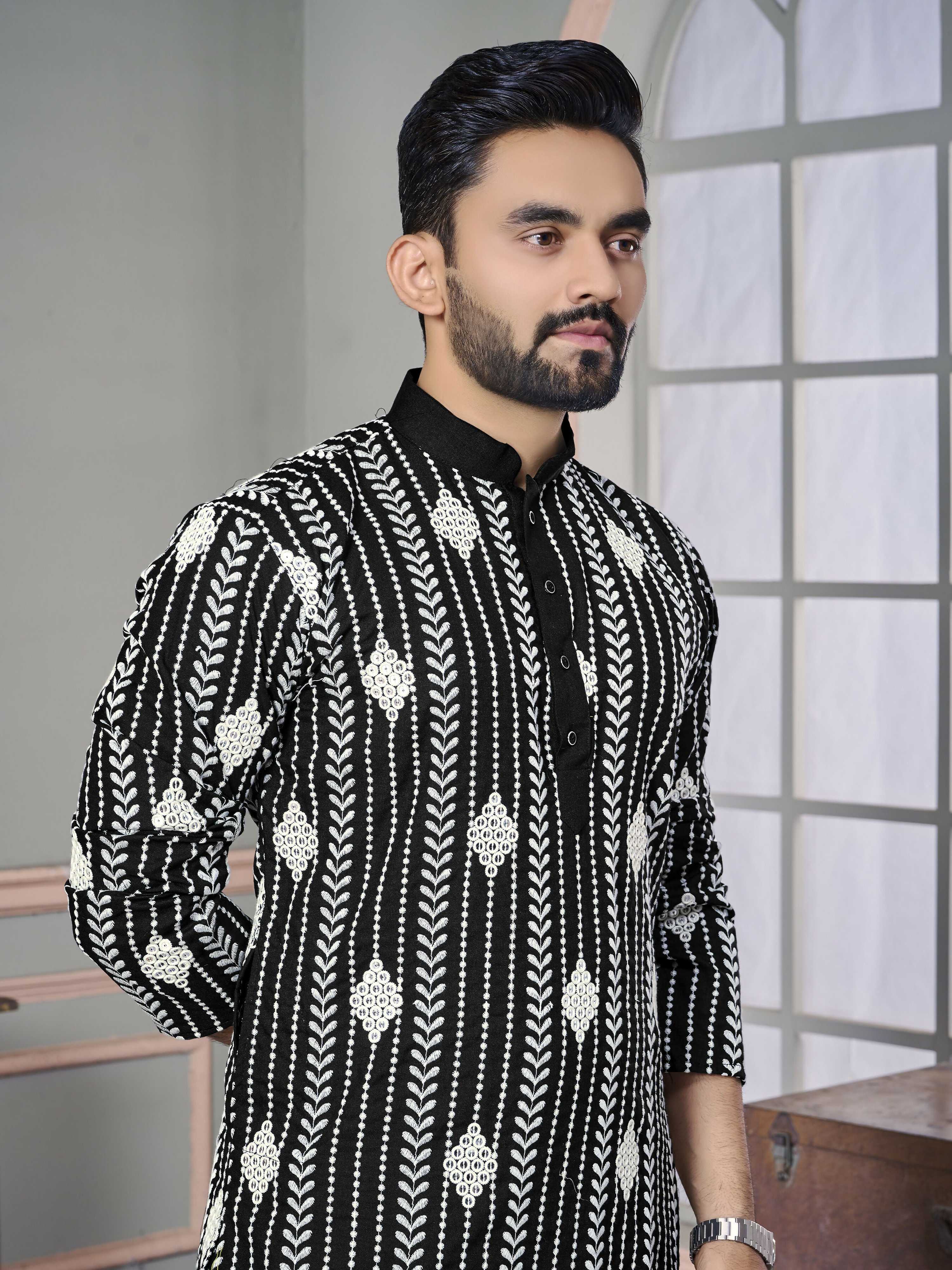 Black Men Kurta Set Embroidered with Sequins Work by Infinity Export | Grocsy