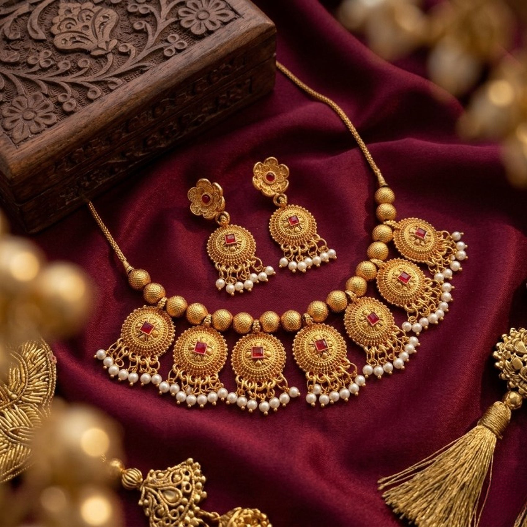 Jewel City Handcrafted Antique Gold-Plated Ethnic Necklace Set & Pearl Drops | Traditional Indian Jewelry | Grocsy