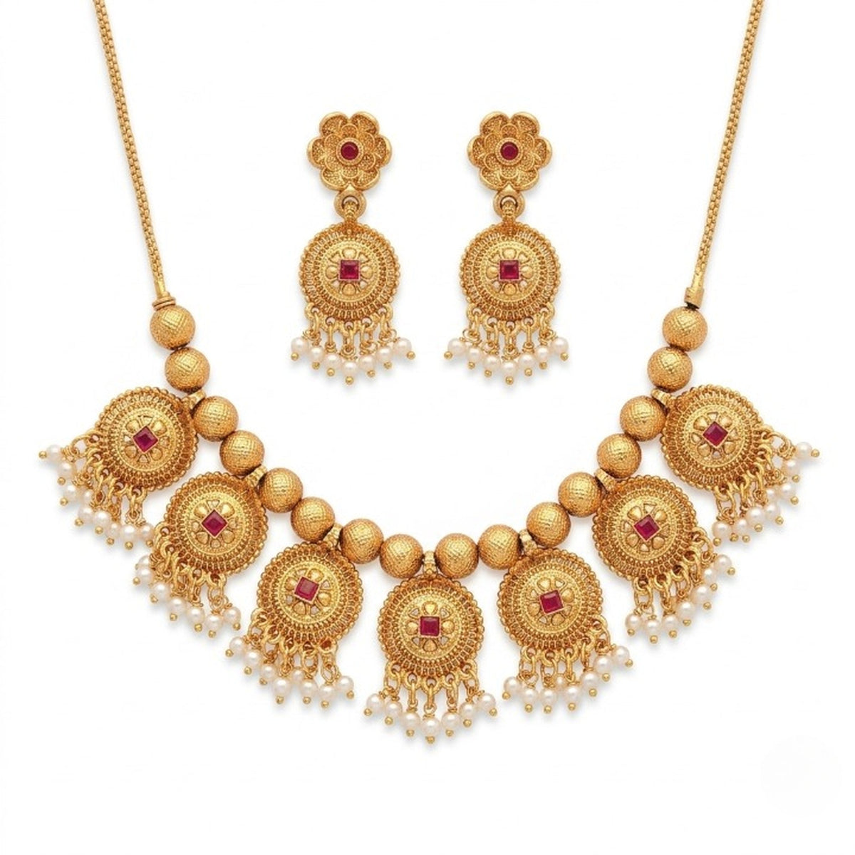 Jewel City Handcrafted Antique Gold-Plated Ethnic Necklace Set & Pearl Drops | Traditional Indian Jewelry | Grocsy