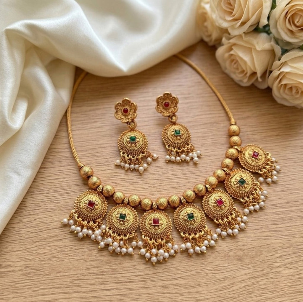 Jewel City Handcrafted Antique Gold-Plated Ethnic Necklace Set & Pearl Drops | Traditional Indian Jewelry | Grocsy