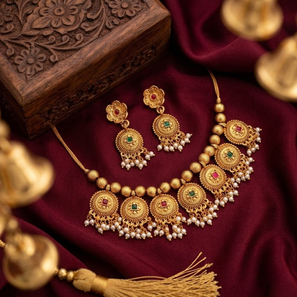 Jewel City Handcrafted Antique Gold-Plated Ethnic Necklace Set & Pearl Drops | Traditional Indian Jewelry | Grocsy