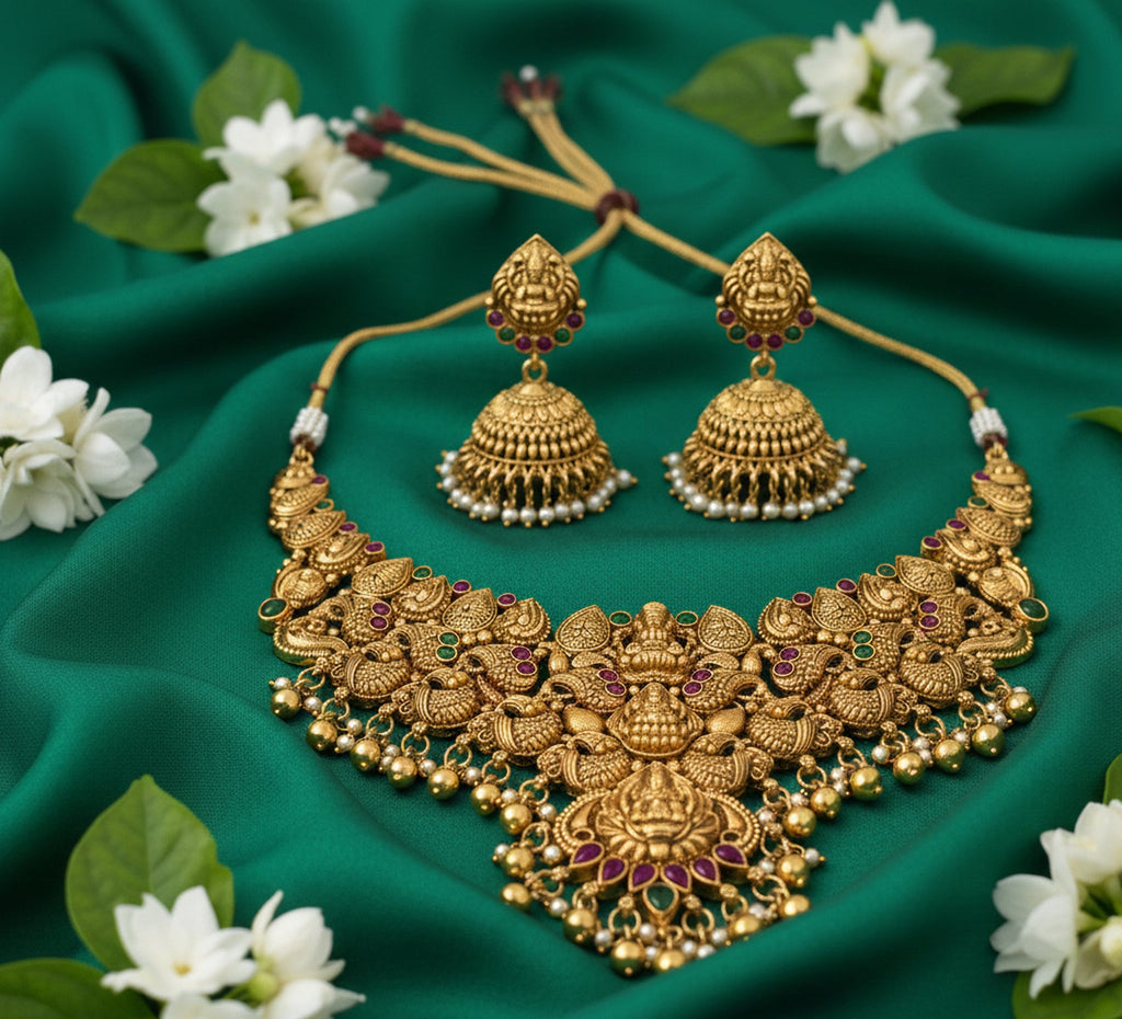 Jewel City Traditional Handcrafted Gold-Plated Temple Necklace Set | Grocsy