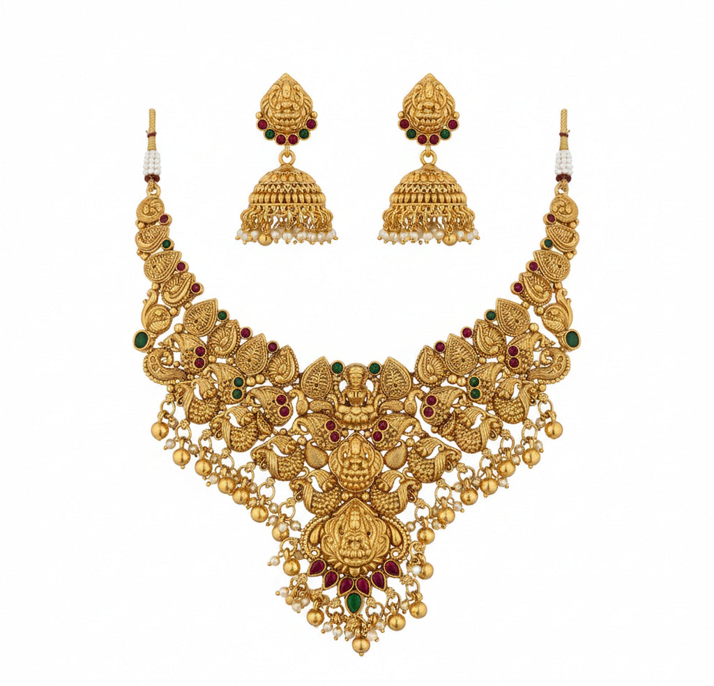 Jewel City Traditional Handcrafted Gold-Plated Temple Necklace Set | Grocsy