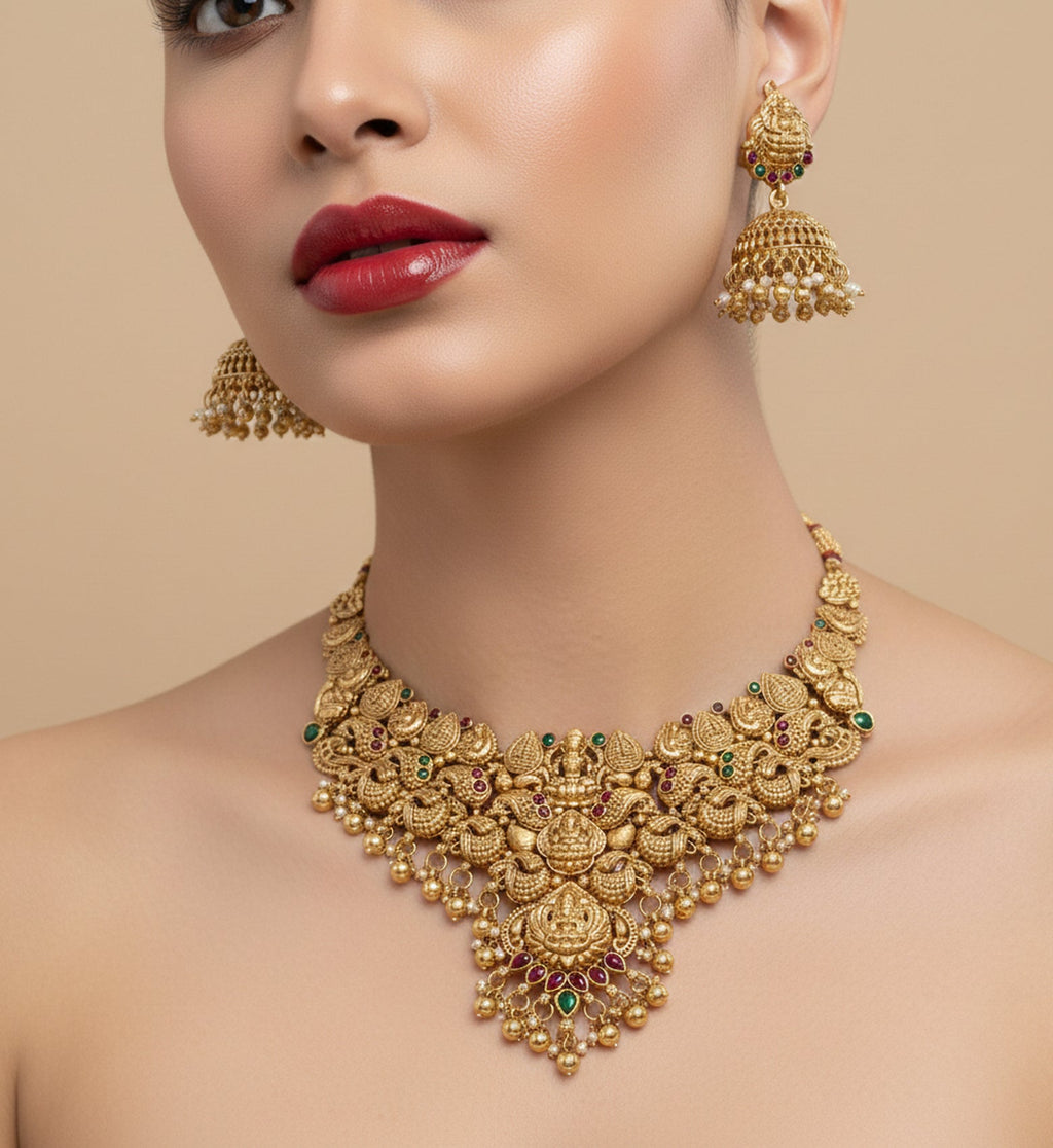 Jewel City Traditional Handcrafted Gold-Plated Temple Necklace Set | Grocsy