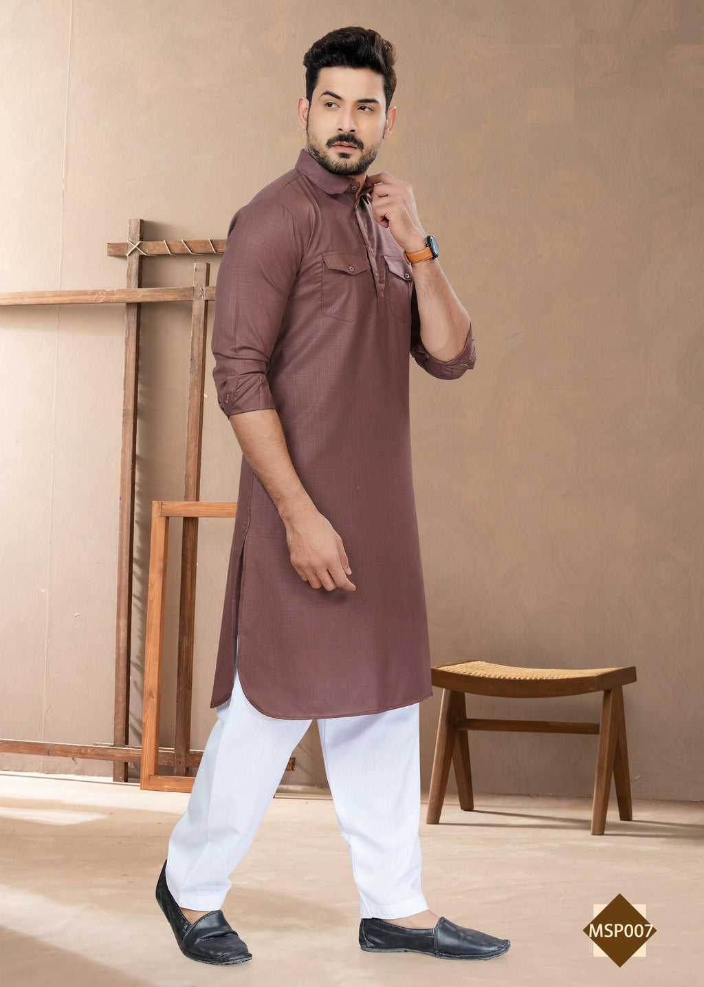 Joban Fashion Men's Light Brown Heavy Cotton Plain Kurta Pyjama set | Grocsy
