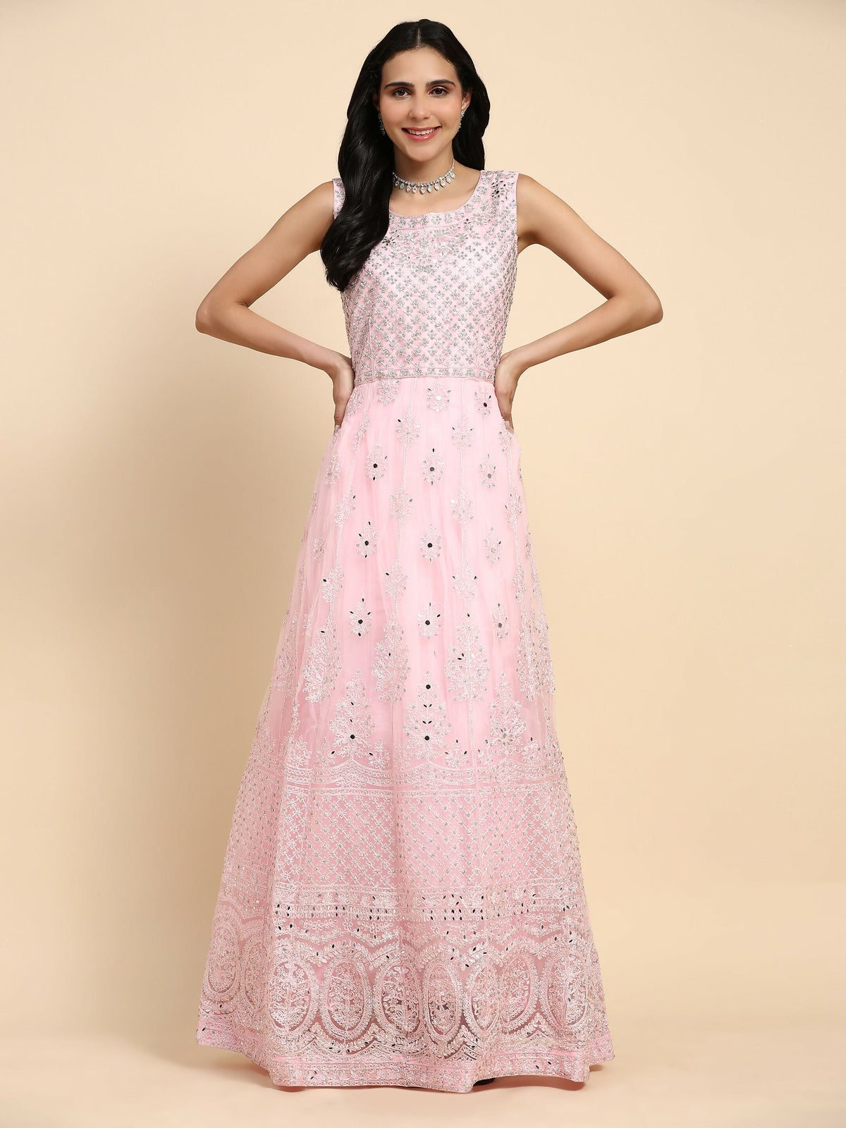 Pink Net Hand Embroidered Gown - Rudrani | Grocsy
