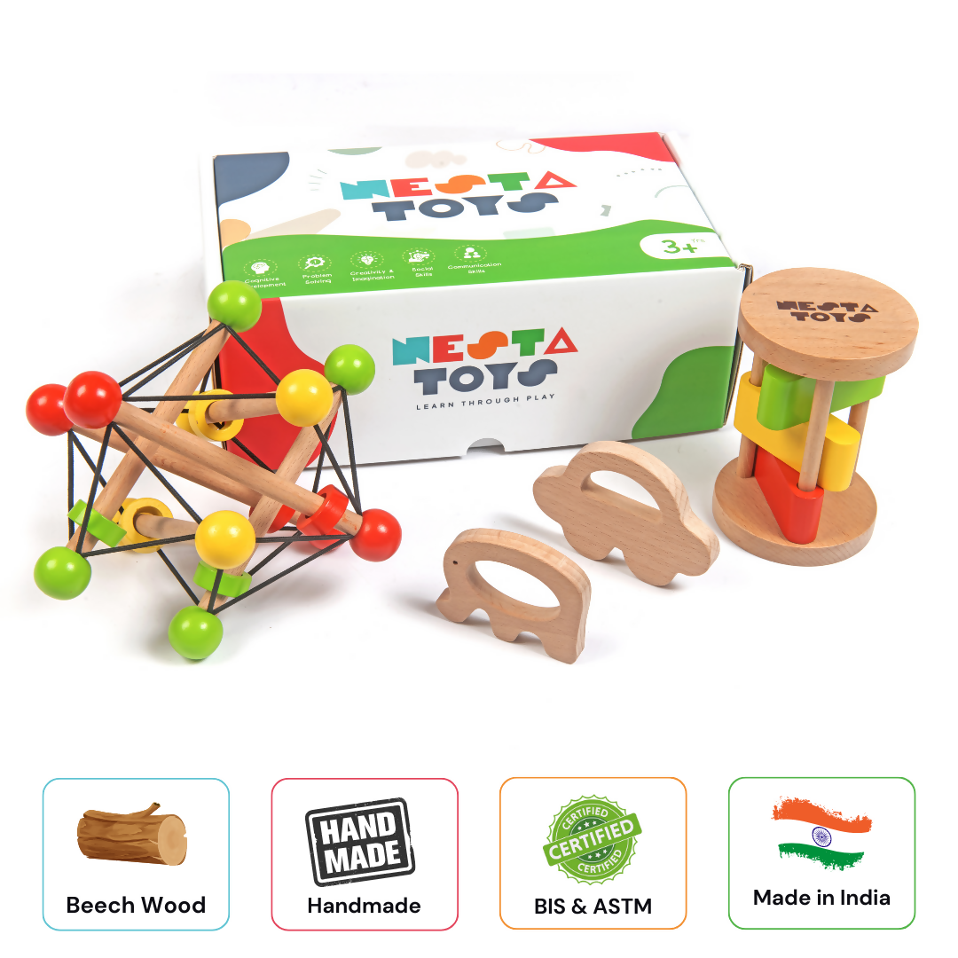 Nesta Toys Newborn Gift Set - Wooden Skwish Rattle, Clacker Rattle, Elephant & Car Teether | Grocsy