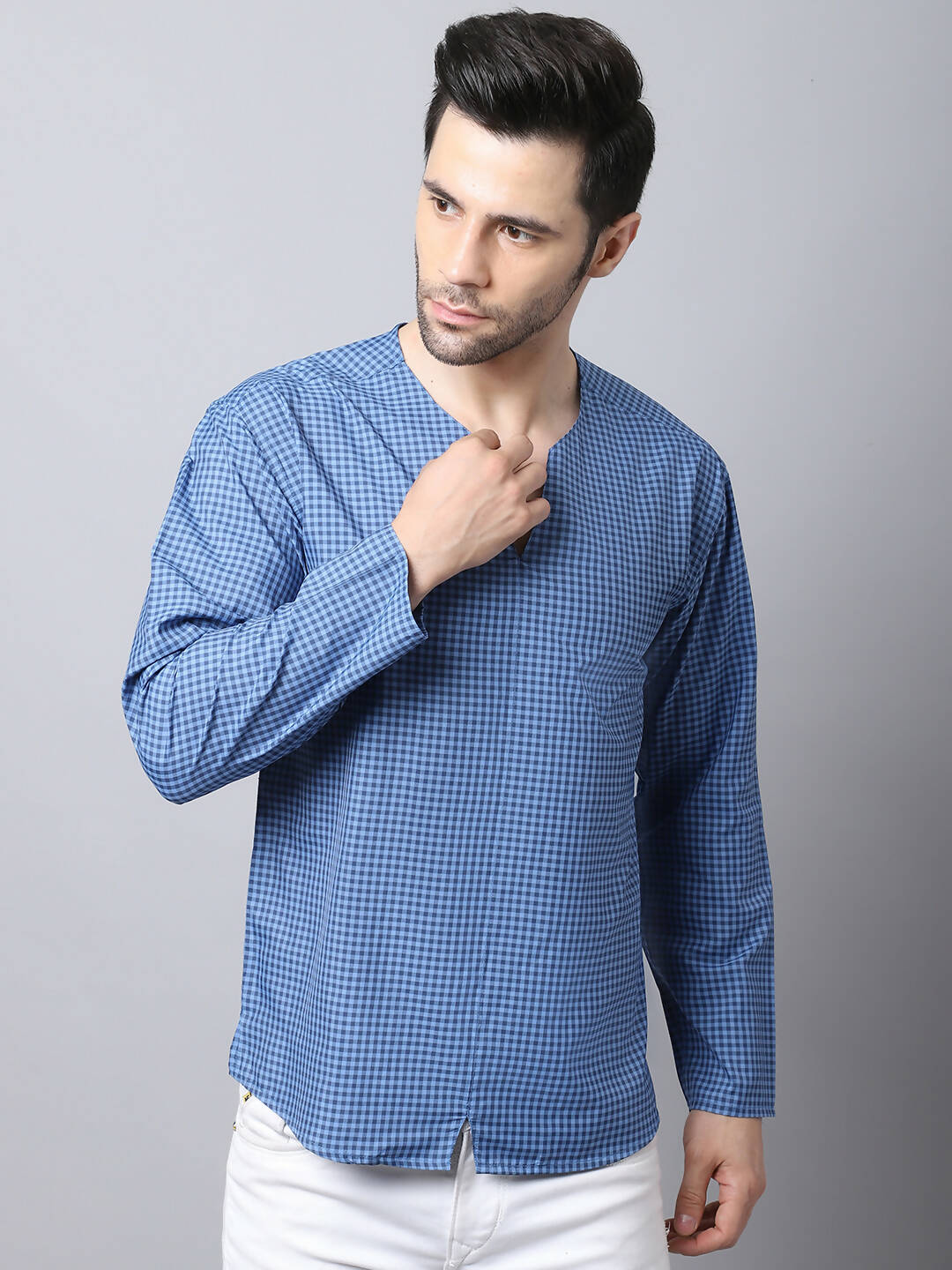 Even Apparels Blue Checked Men's Kurta With Band Collar | Grocsy