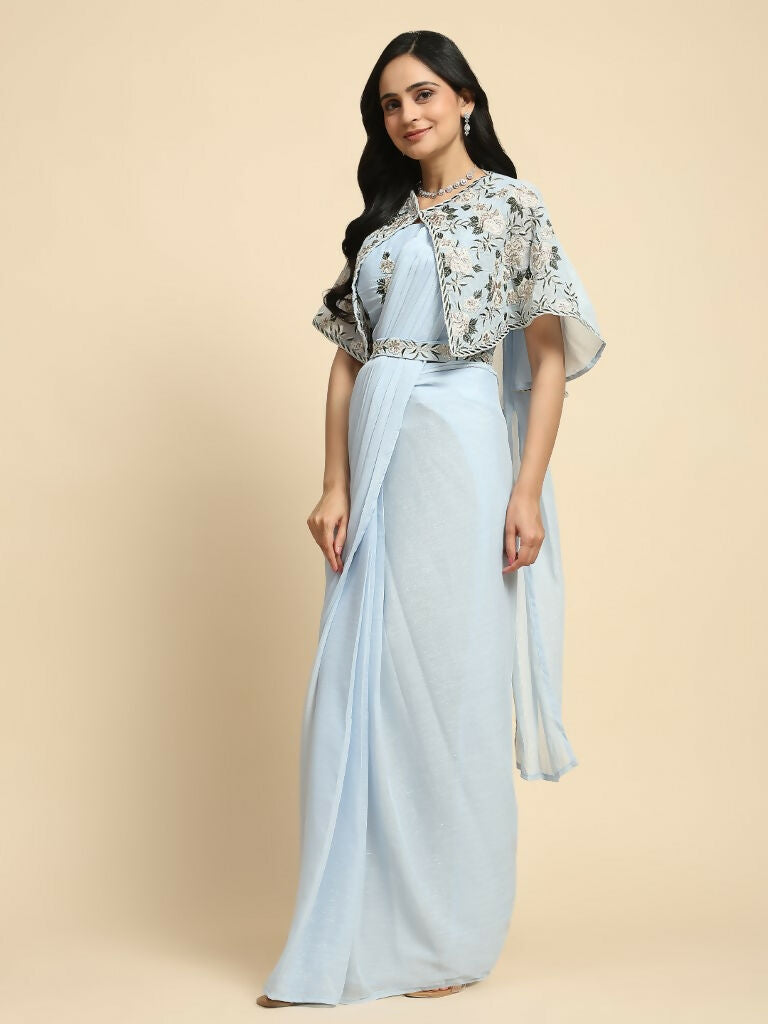 Blue Chiffon Solid Ready to wear Saree with stitched Blouse - Aayan | Grocsy