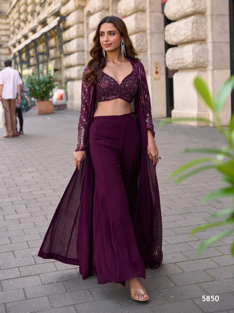 Aarshi Fashions Purple Heavy Georgette Full Stitched Indowestern Crop Top, palazzo & Shrug Set | Grocsy