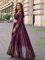 Aarshi Fashions Purple Heavy Georgette Full Stitched Indowestern Crop Top, palazzo & Shrug Set | Grocsy