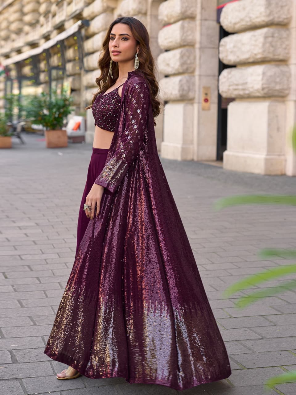 Aarshi Fashions Purple Heavy Georgette Full Stitched Indowestern Crop Top, palazzo & Shrug Set | Grocsy