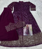 Aarshi Fashions Purple Heavy Georgette Full Stitched Indowestern Crop Top, palazzo & Shrug Set | Grocsy
