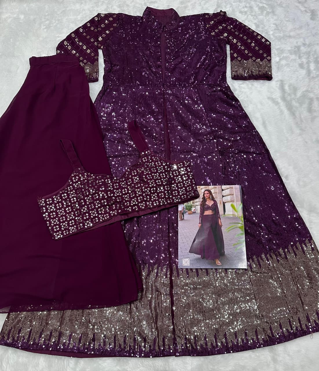 Aarshi Fashions Purple Heavy Georgette Full Stitched Indowestern Crop Top, palazzo & Shrug Set | Grocsy
