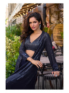 Aarshi Fashions Navy Blue Heavy Georgette Full Stitched Indowestern Crop Top, palazzo & Shrug Set | Grocsy