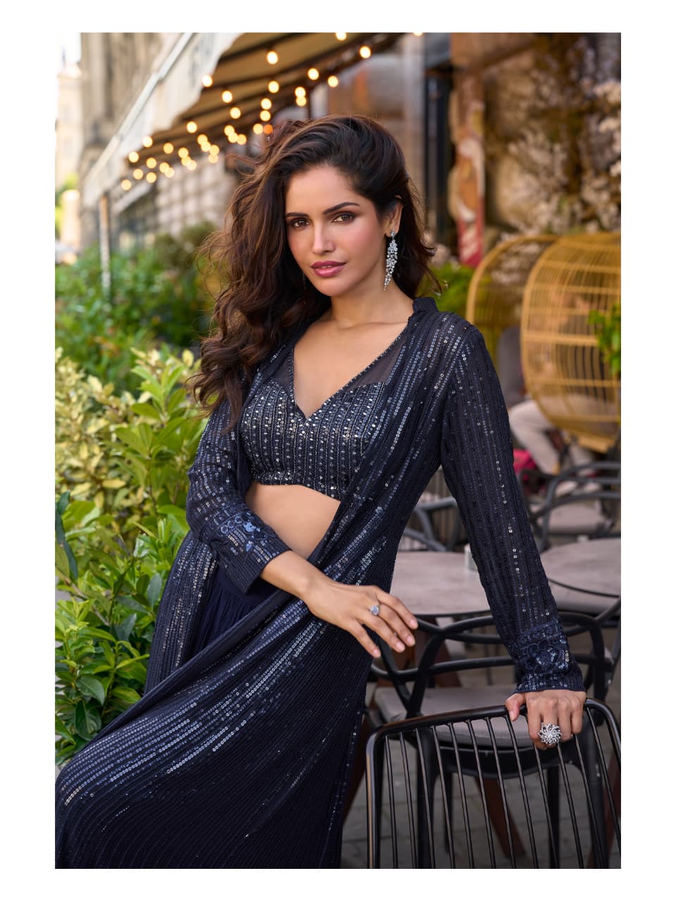 Aarshi Fashions Navy Blue Heavy Georgette Full Stitched Indowestern Crop Top, palazzo & Shrug Set | Grocsy