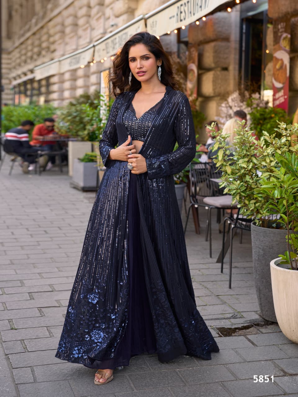 Aarshi Fashions Navy Blue Heavy Georgette Full Stitched Indowestern Crop Top, palazzo & Shrug Set | Grocsy