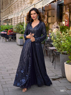 Aarshi Fashions Navy Blue Heavy Georgette Full Stitched Indowestern Crop Top, palazzo & Shrug Set | Grocsy