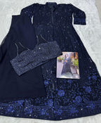 Aarshi Fashions Navy Blue Heavy Georgette Full Stitched Indowestern Crop Top, palazzo & Shrug Set | Grocsy