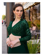 Aarshi Fashions Bottle Green Heavy Georgette Full Stitched Indowestern Crop Top, palazzo & Shrug Set | Grocsy