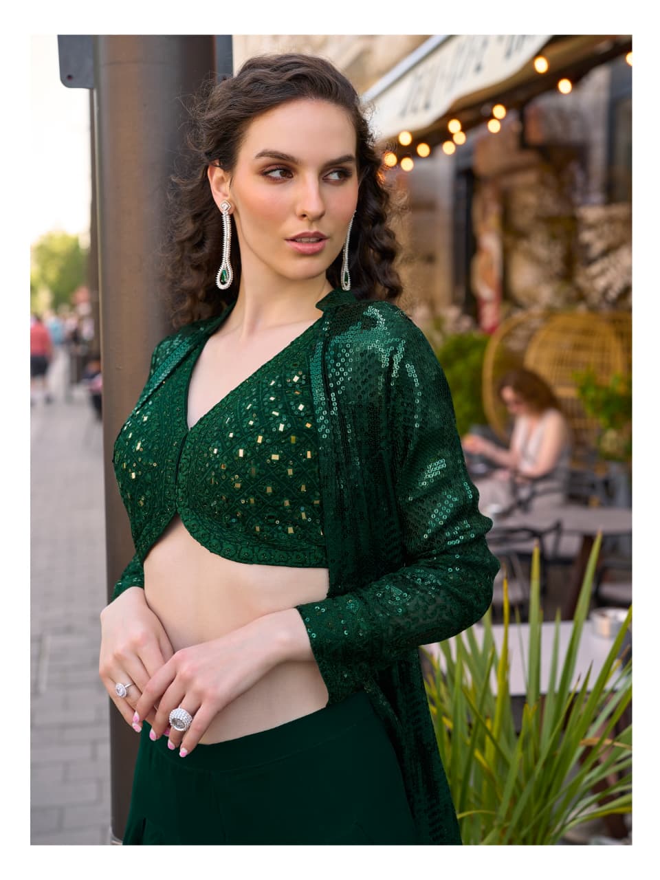Aarshi Fashions Bottle Green Heavy Georgette Full Stitched Indowestern Crop Top, palazzo & Shrug Set | Grocsy