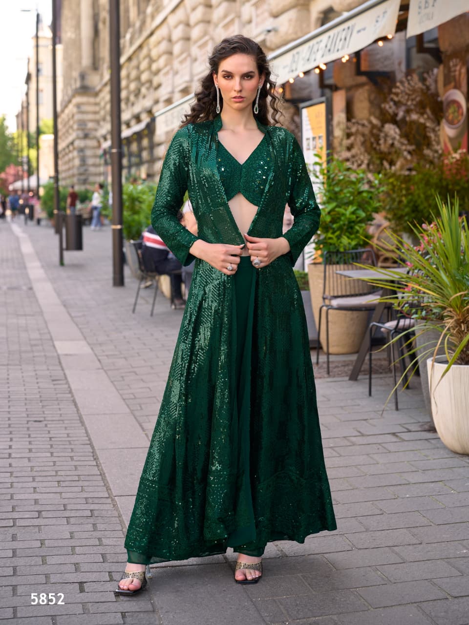 Aarshi Fashions Bottle Green Heavy Georgette Full Stitched Indowestern Crop Top, palazzo & Shrug Set | Grocsy
