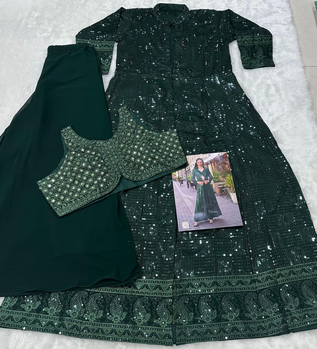 Aarshi Fashions Bottle Green Heavy Georgette Full Stitched Indowestern Crop Top, palazzo & Shrug Set | Grocsy