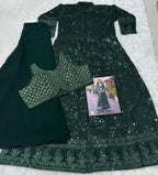 Aarshi Fashions Bottle Green Heavy Georgette Full Stitched Indowestern Crop Top, palazzo & Shrug Set | Grocsy