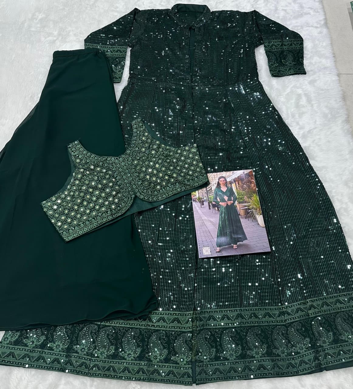 Aarshi Fashions Bottle Green Heavy Georgette Full Stitched Indowestern Crop Top, palazzo & Shrug Set | Grocsy