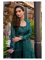Aarshi Fashions Teal Green Heavy Georgette Full Stitched Indowestern Crop Top, palazzo & Shrug Set | Grocsy