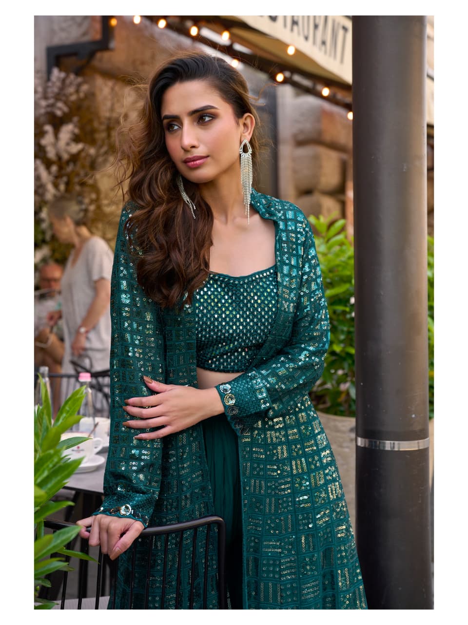 Aarshi Fashions Teal Green Heavy Georgette Full Stitched Indowestern Crop Top, palazzo & Shrug Set | Grocsy