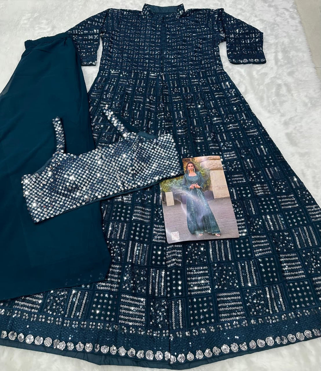 Aarshi Fashions Teal Green Heavy Georgette Full Stitched Indowestern Crop Top, palazzo & Shrug Set | Grocsy