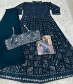 Aarshi Fashions Teal Green Heavy Georgette Full Stitched Indowestern Crop Top, palazzo & Shrug Set | Grocsy