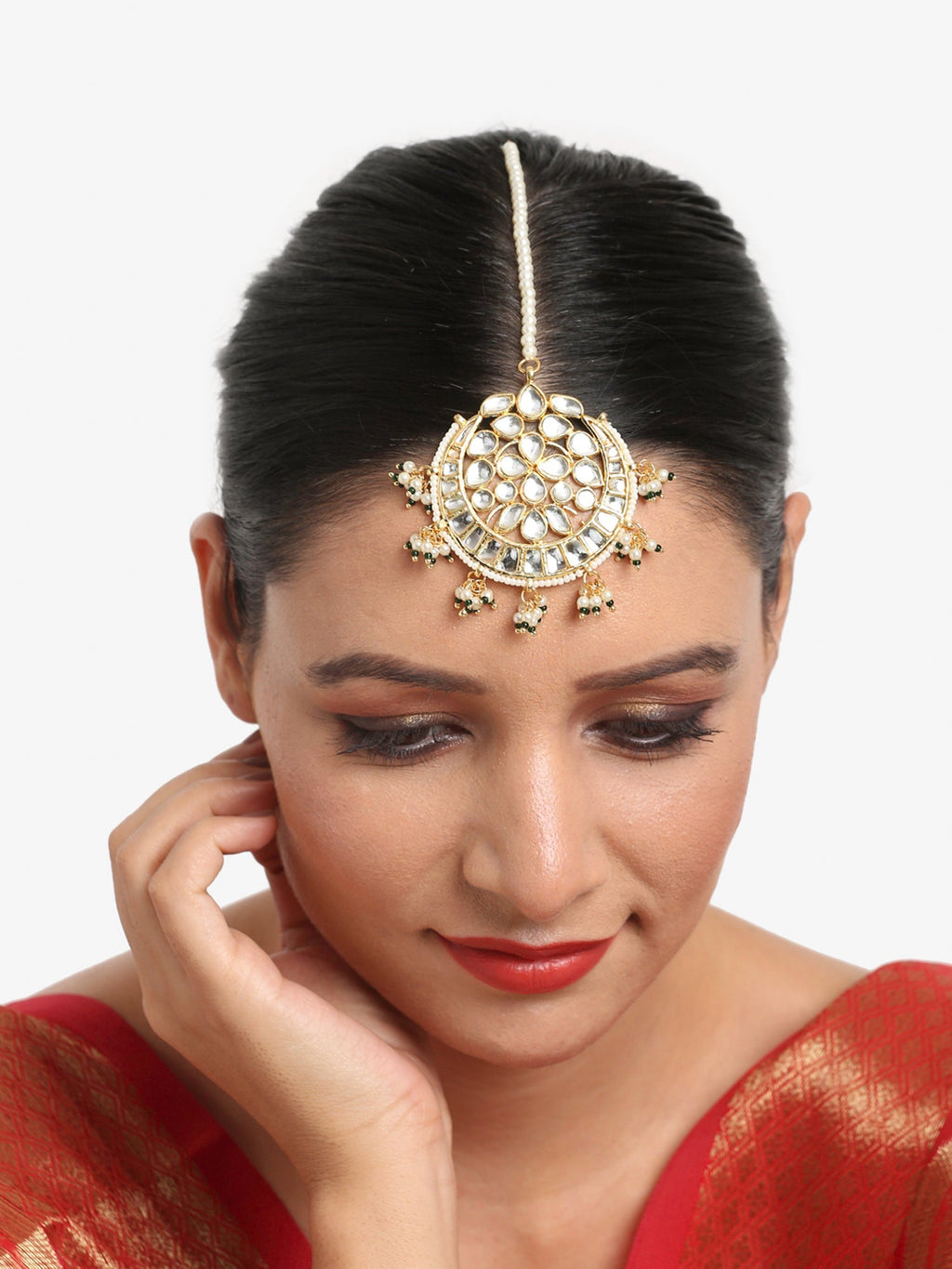 Gold Toned White Kundan Maang Tikka - Ruby Raang | Grocsy