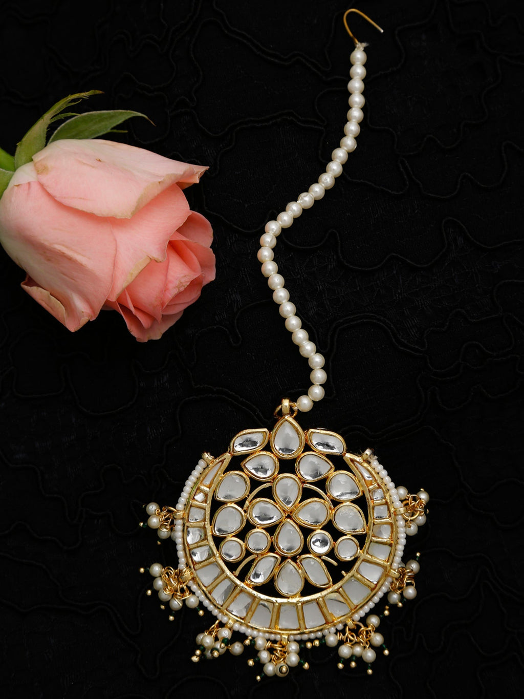 Gold Toned White Kundan Maang Tikka - Ruby Raang | Grocsy