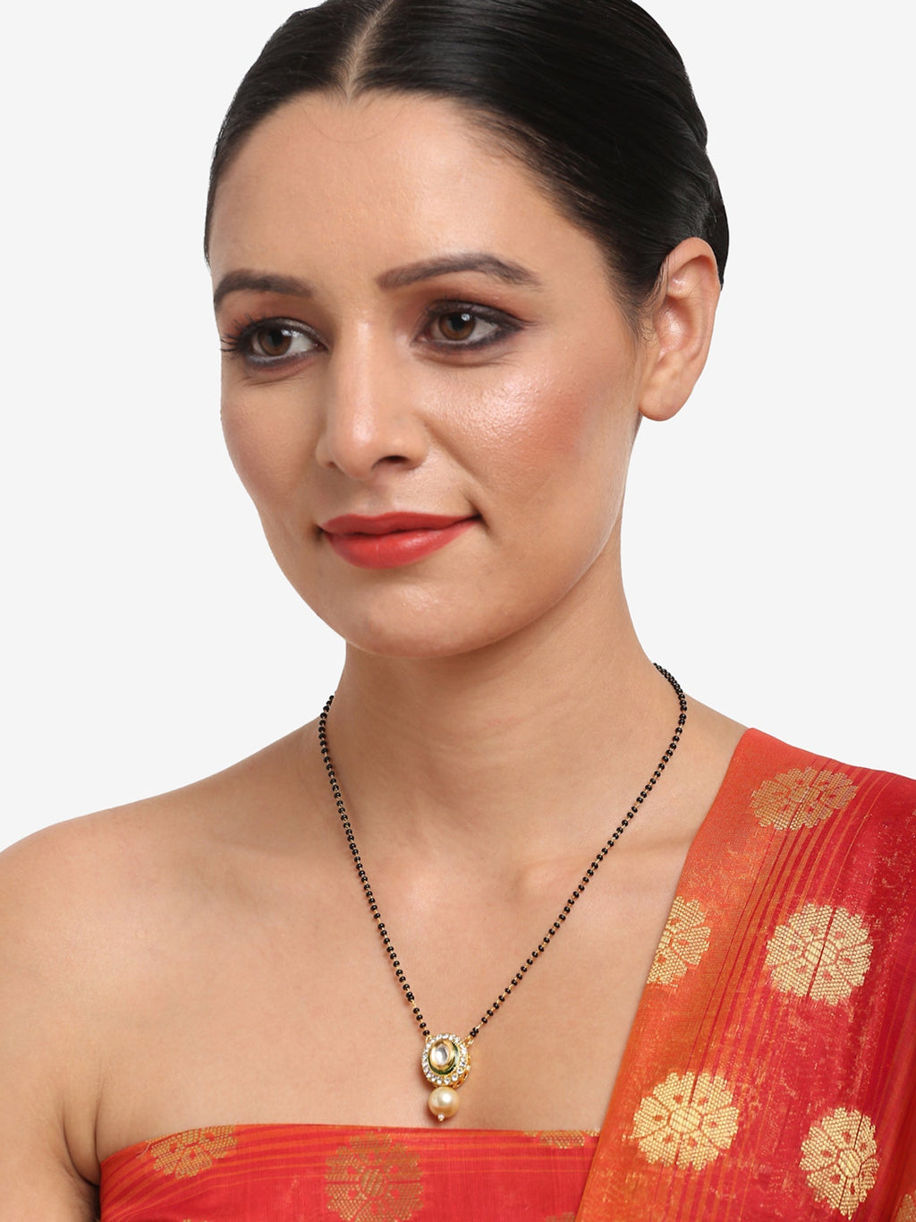 Gold-Polished Black Beaded White Kundan Studded Mangalsutra - Ruby Raang | Grocsy