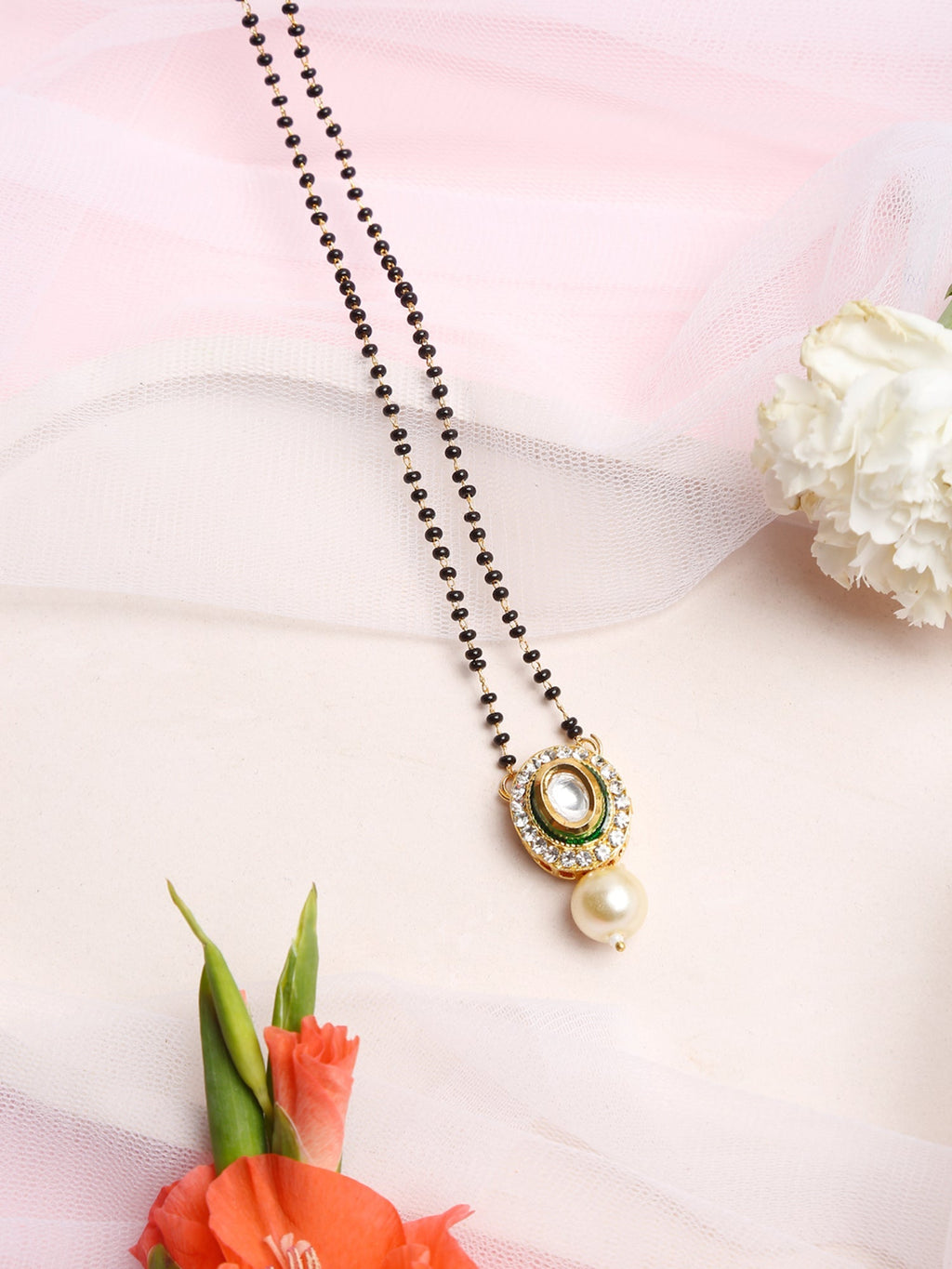 Gold-Polished Black Beaded White Kundan Studded Mangalsutra - Ruby Raang | Grocsy