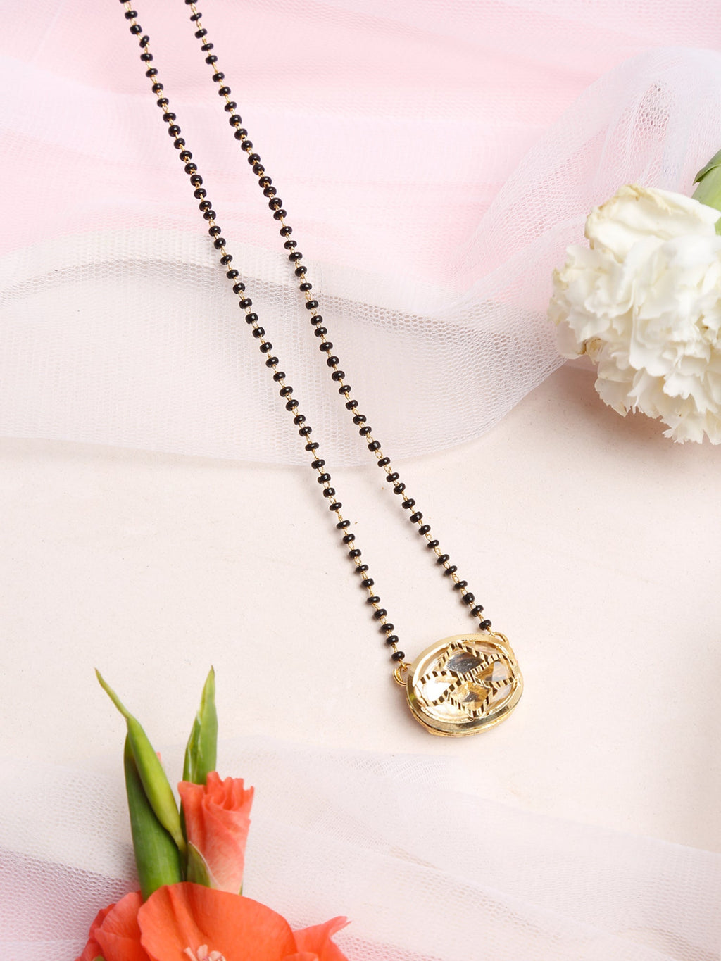 Gold-Polished Black Beaded Kundan Mangalsutra - Ruby Raang | Grocsy
