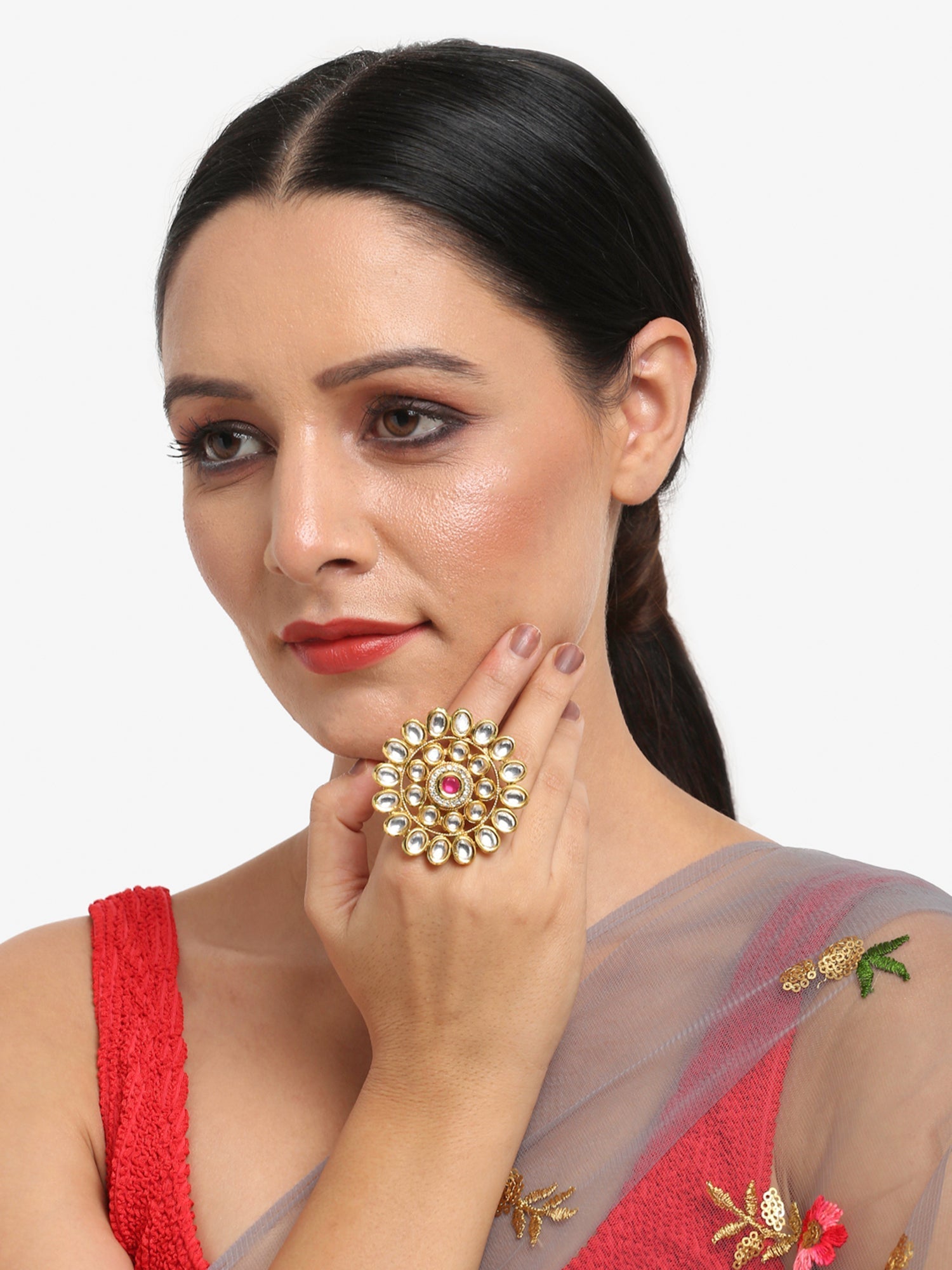 Women's Gold-Polished White Red Kundan-Studded Handcrafted Finger Ring - Ruby Raang | Grocsy