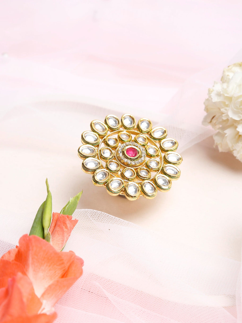 Women's Gold-Polished White Red Kundan-Studded Handcrafted Finger Ring - Ruby Raang | Grocsy