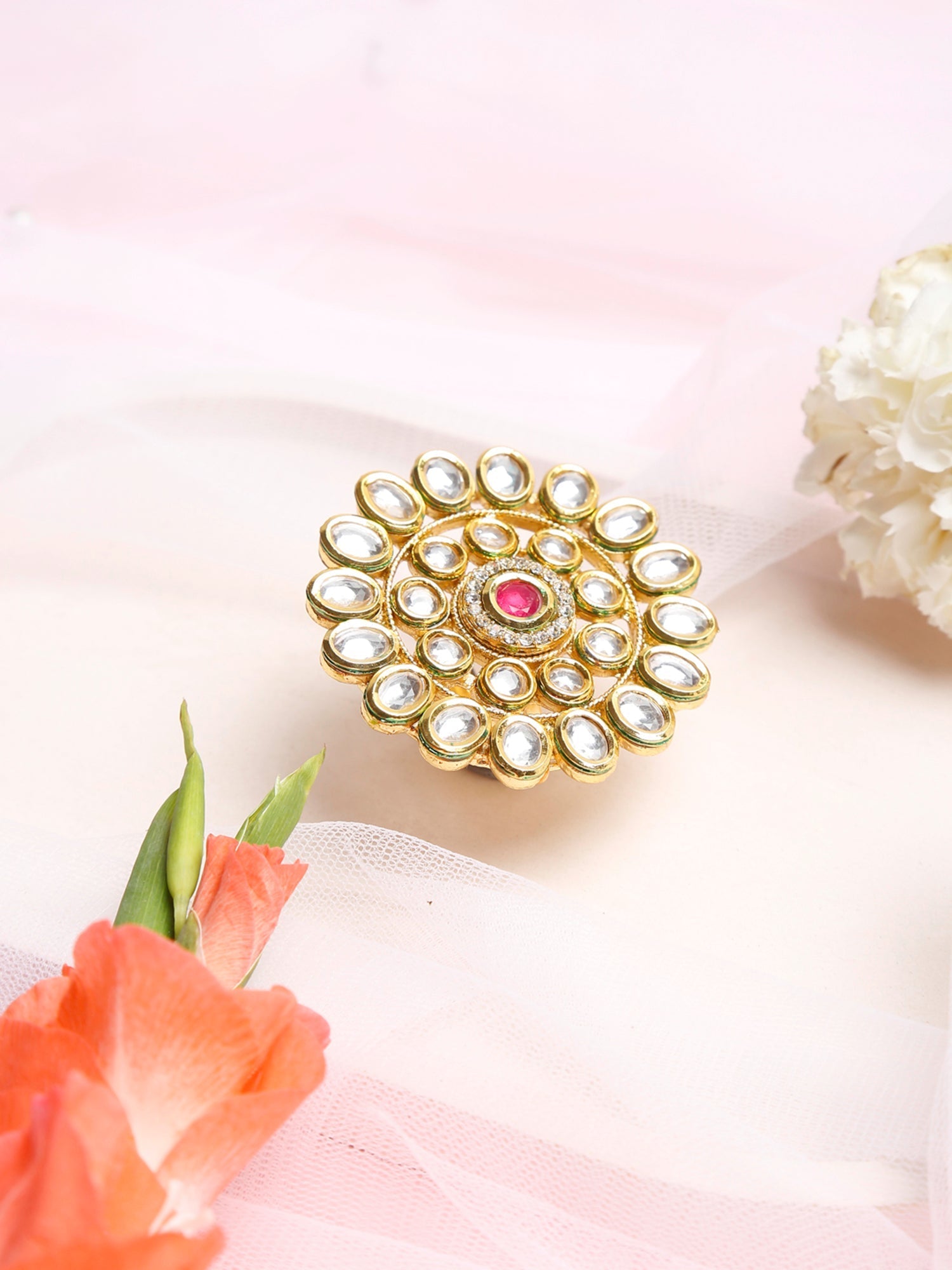 Women's Gold-Polished White Red Kundan-Studded Handcrafted Finger Ring - Ruby Raang | Grocsy