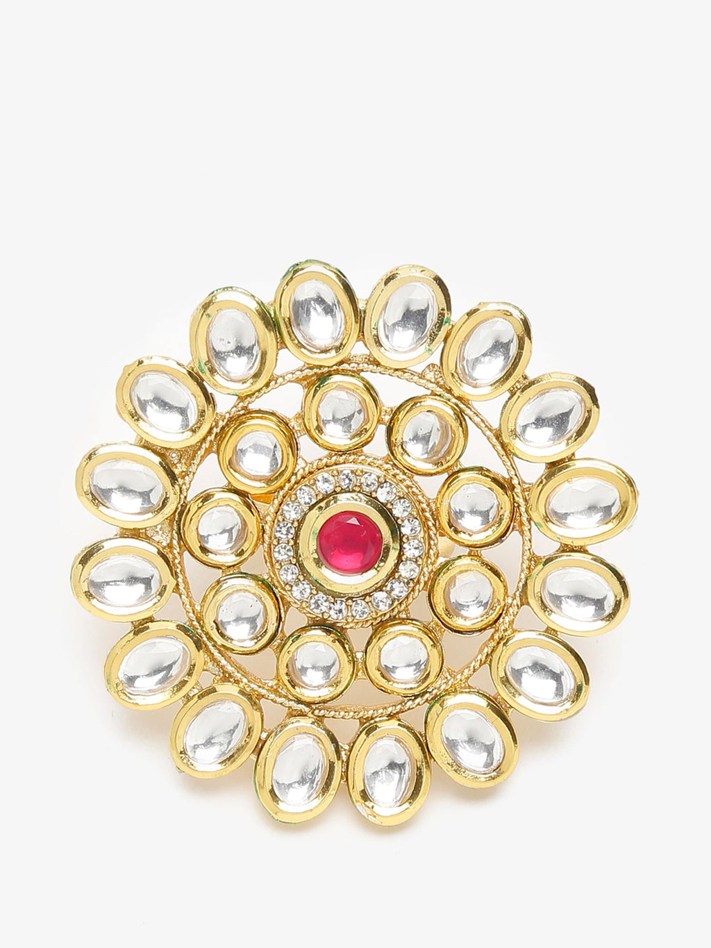 Women's Gold-Polished White Red Kundan-Studded Handcrafted Finger Ring - Ruby Raang | Grocsy